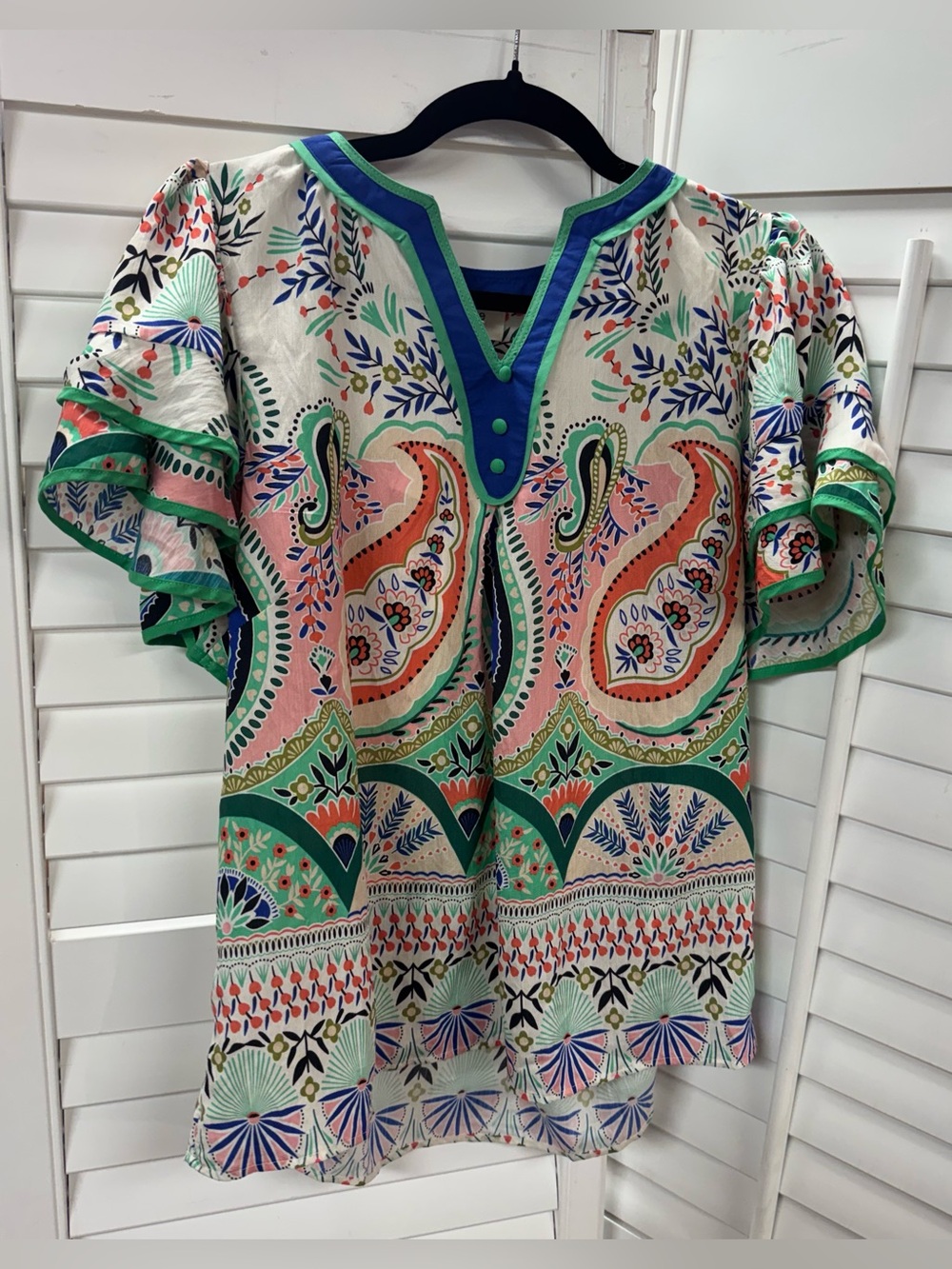 Umgee Paisley Floral Ruffle Sleeve Tunic Top - Green, Coral, Blue